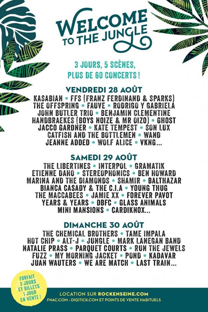 ROCK EN SEINE 2015 di Parigi: a fine agosto il festival di Parigi porta KASABIAN, FFS (FRANZ FERDINAND & SPARKS), CHEMIVAL BROTHERS, TAME IMPALA,  HOT CHIP, FUZZ, MARK LANEGAN BAND, POND ed altri ... 